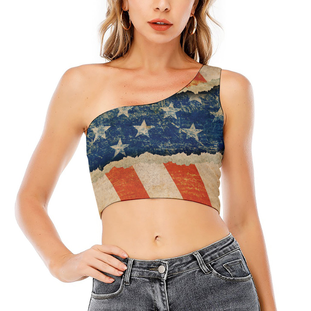 Grunge Ripped Paper American Flag Print One Shoulder Crop Top
