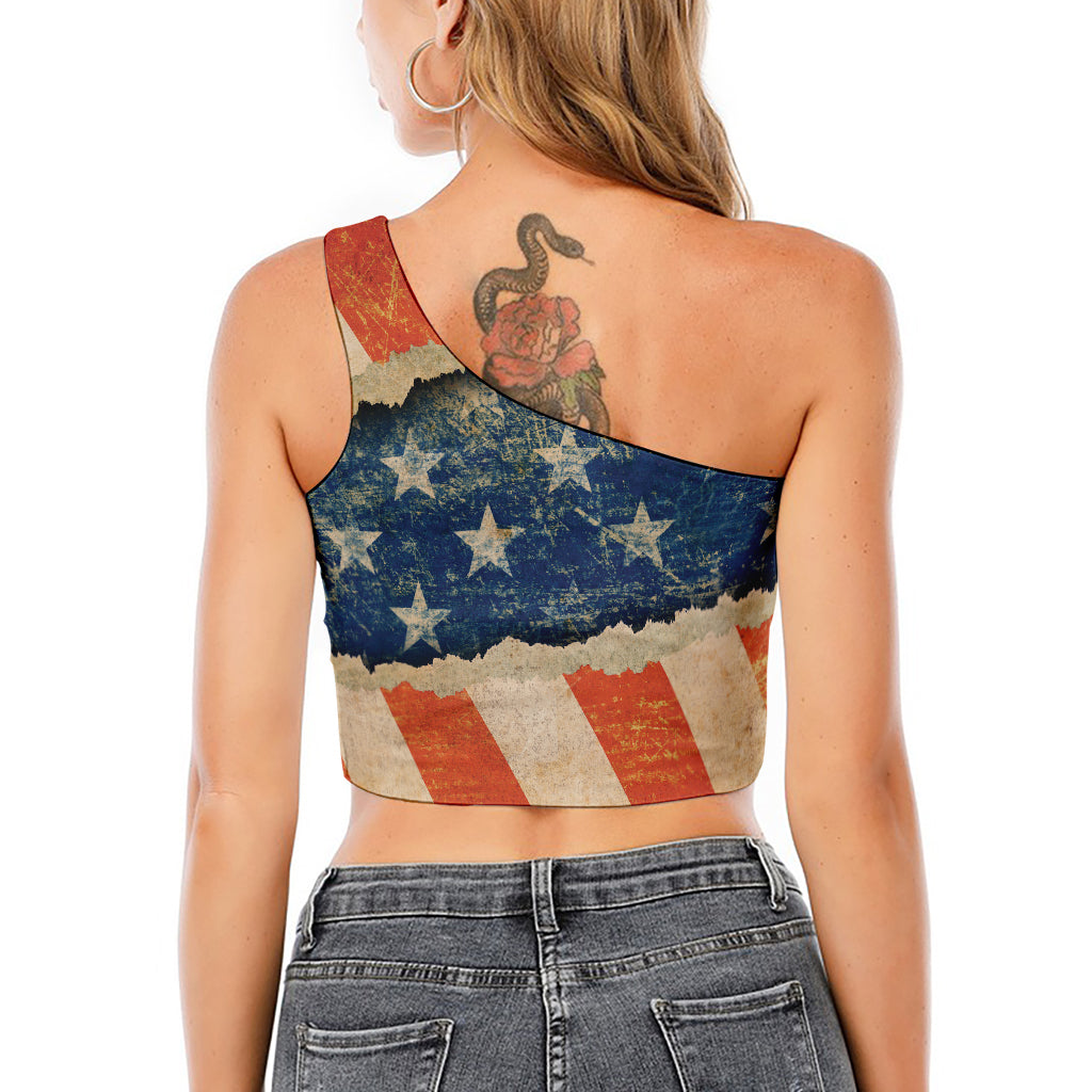 Grunge Ripped Paper American Flag Print One Shoulder Crop Top