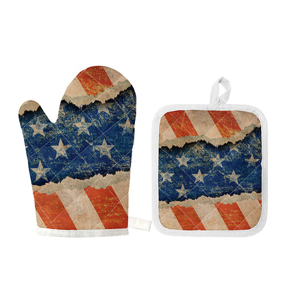 Grunge Ripped Paper American Flag Print Oven Mitt And Pot Holder Set