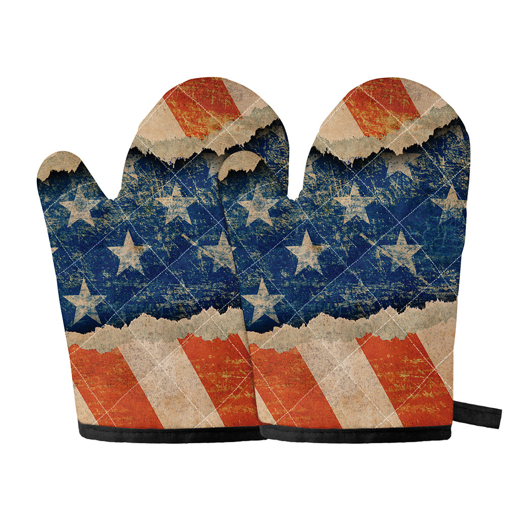 Grunge Ripped Paper American Flag Print Oven Mitts