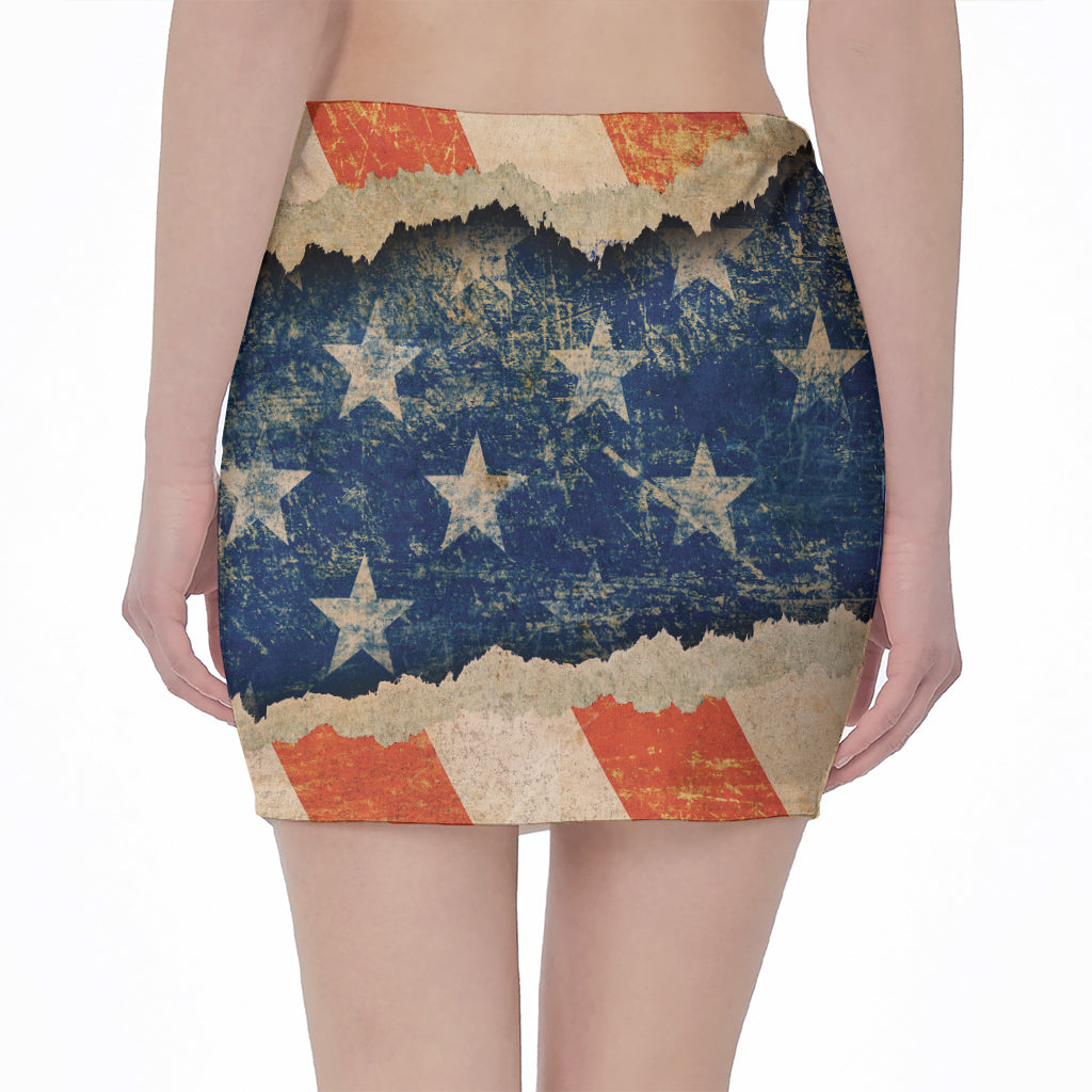 Grunge Ripped Paper American Flag Print Pencil Mini Skirt