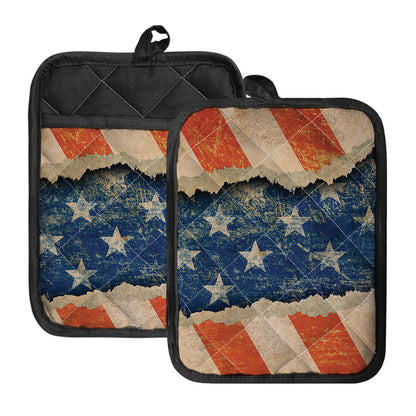 Grunge Ripped Paper American Flag Print Pot Holders With Pocket