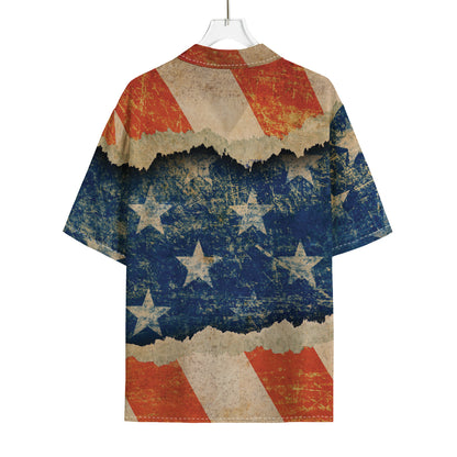 Grunge Ripped Paper American Flag Print Rayon Hawaiian Shirt