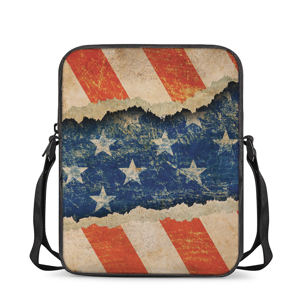 Grunge Ripped Paper American Flag Print Rectangular Crossbody Bag