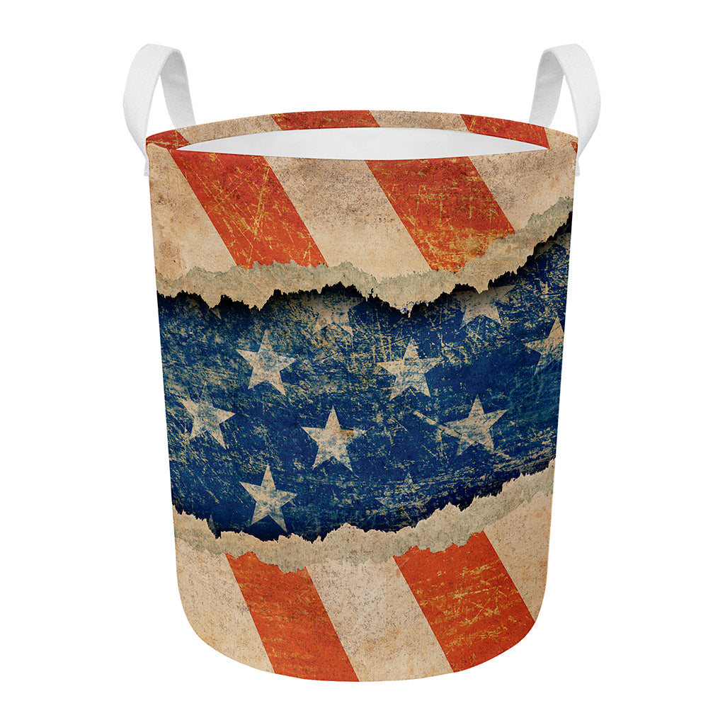 Grunge Ripped Paper American Flag Print Round Laundry Basket