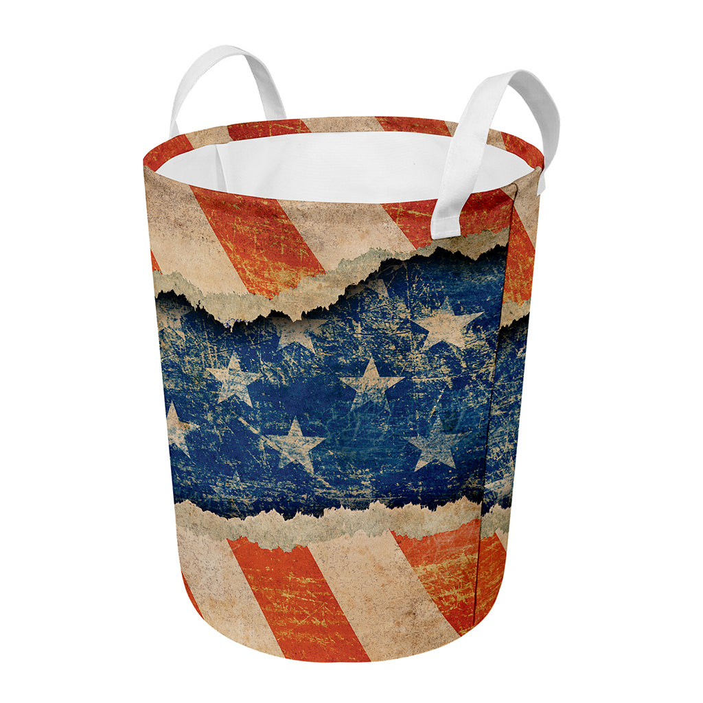 Grunge Ripped Paper American Flag Print Round Laundry Basket