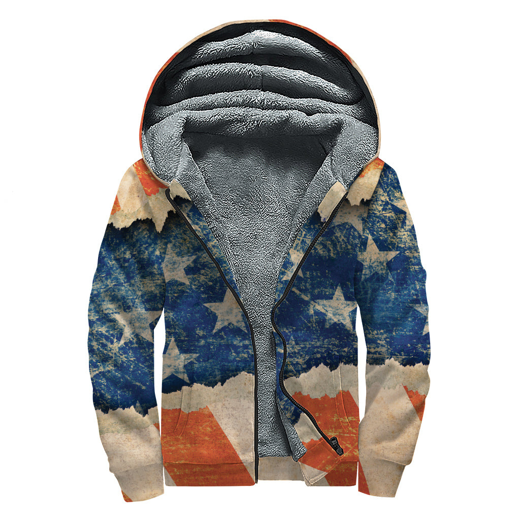 Grunge Ripped Paper American Flag Print Sherpa Lined Zip Up Hoodie