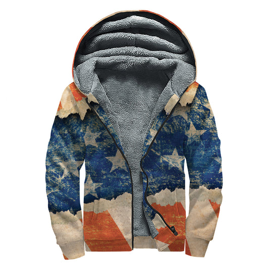 Grunge Ripped Paper American Flag Print Sherpa Lined Zip Up Hoodie