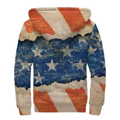 Grunge Ripped Paper American Flag Print Sherpa Lined Zip Up Hoodie
