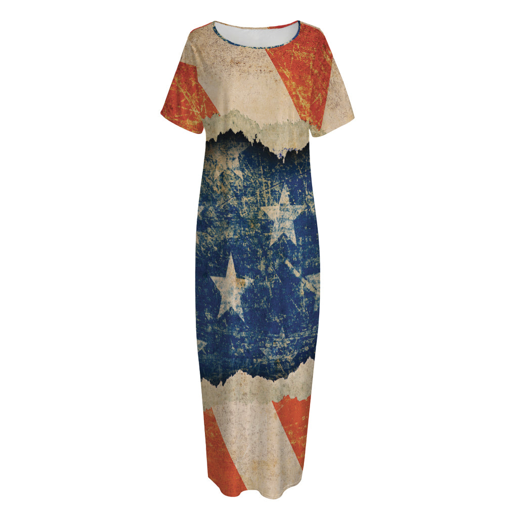 Grunge Ripped Paper American Flag Print Short Sleeve Long Nightdress