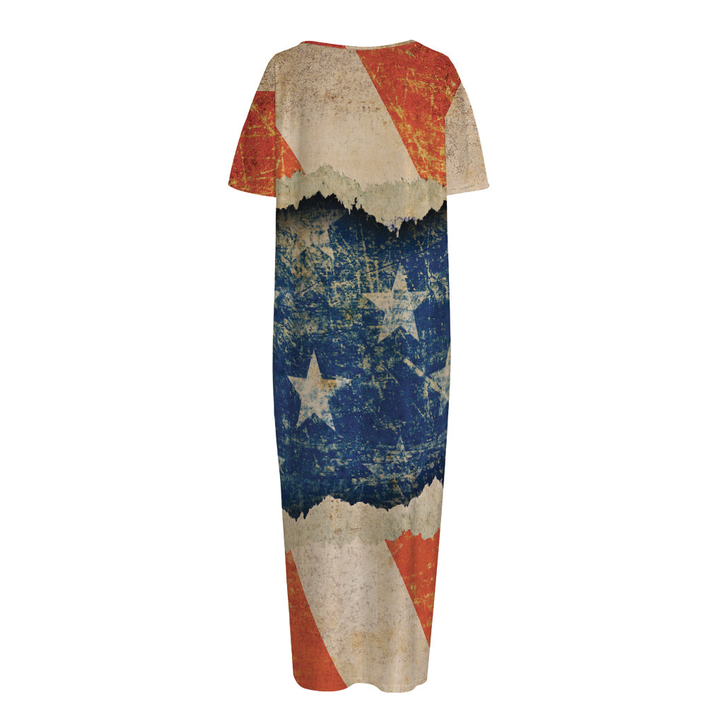 Grunge Ripped Paper American Flag Print Short Sleeve Long Nightdress
