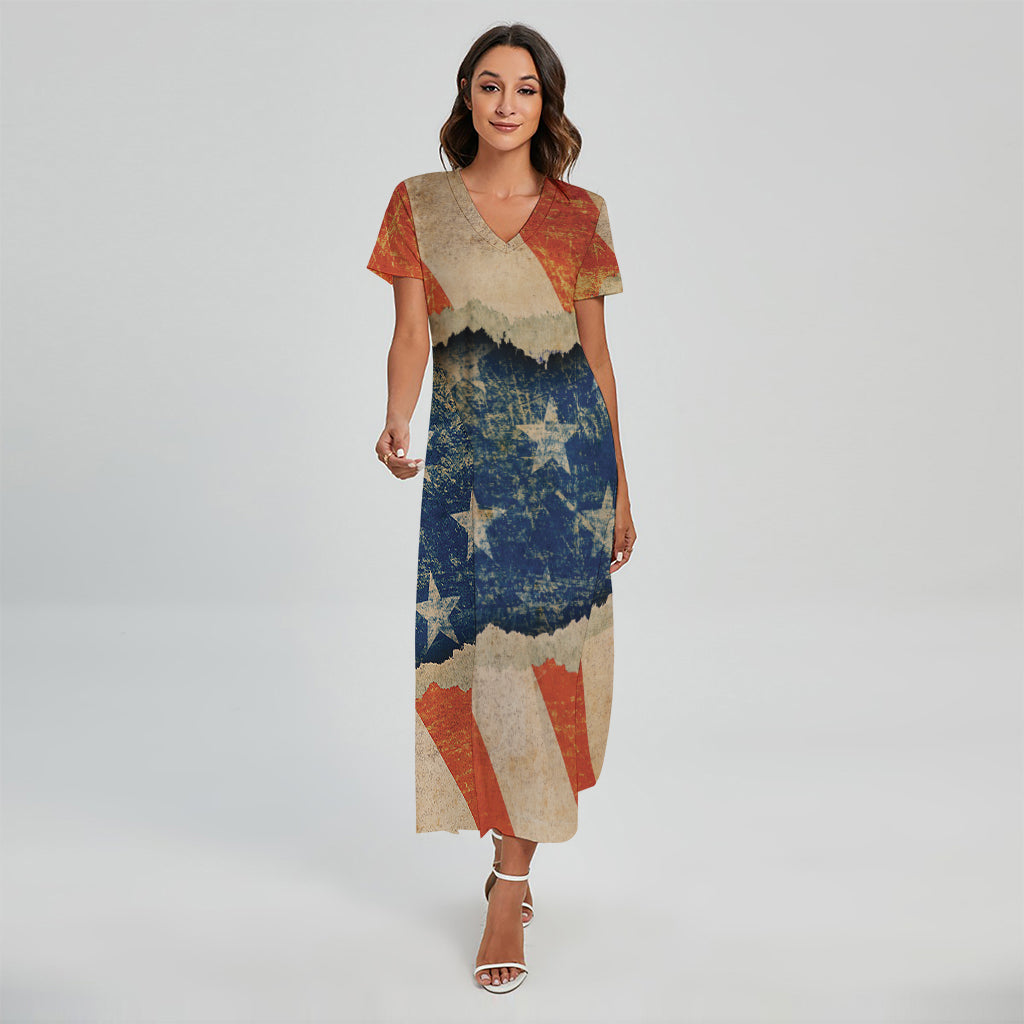 Grunge Ripped Paper American Flag Print Short Sleeve Maxi Dress