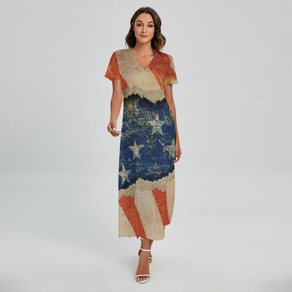 Grunge Ripped Paper American Flag Print Short Sleeve Maxi Dress