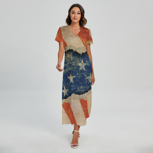 Grunge Ripped Paper American Flag Print Short Sleeve Maxi Dress
