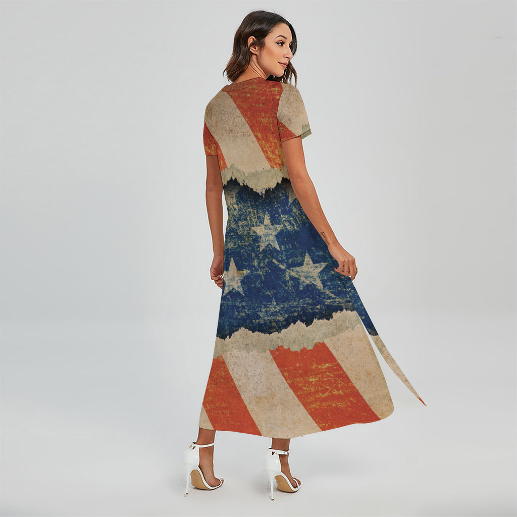 Grunge Ripped Paper American Flag Print Short Sleeve Maxi Dress