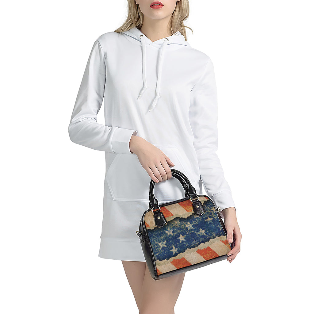 Grunge Ripped Paper American Flag Print Shoulder Handbag