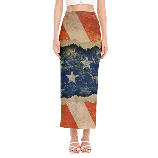 Grunge Ripped Paper American Flag Print Side Slit Maxi Skirt