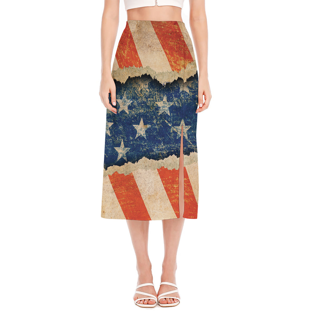 Grunge Ripped Paper American Flag Print Side Slit Midi Skirt