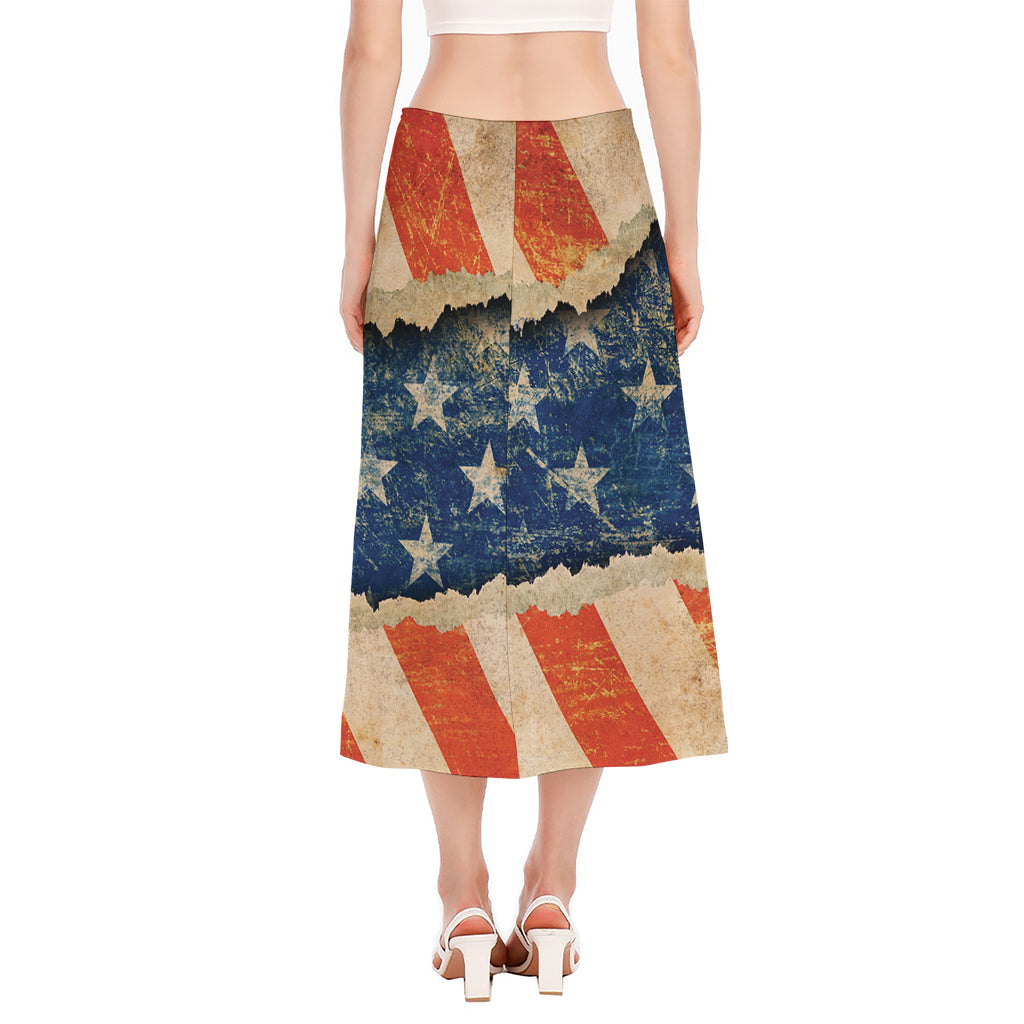 Grunge Ripped Paper American Flag Print Side Slit Midi Skirt