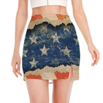 Grunge Ripped Paper American Flag Print Side Slit Mini Skirt