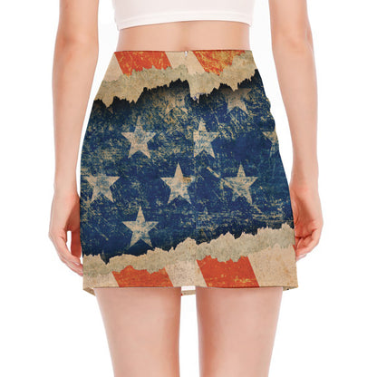Grunge Ripped Paper American Flag Print Side Slit Mini Skirt