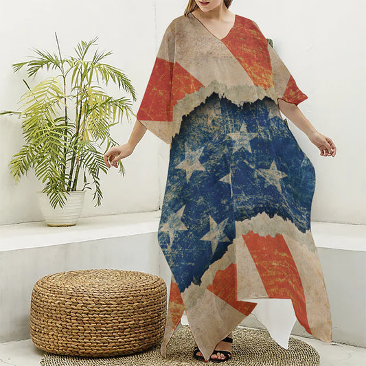 Grunge Ripped Paper American Flag Print Silk V-Neck Kaftan Dress