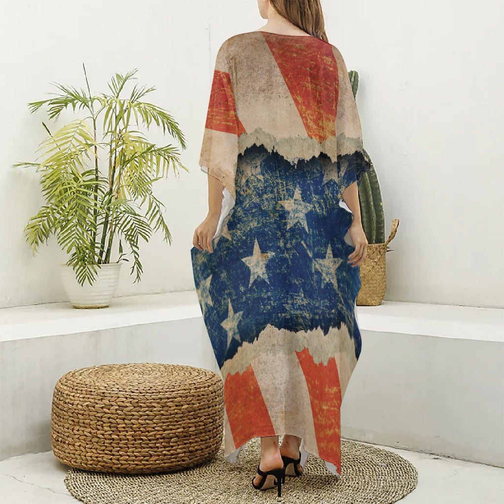Grunge Ripped Paper American Flag Print Silk V-Neck Kaftan Dress
