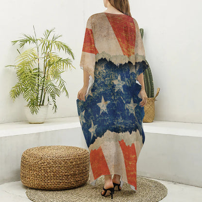 Grunge Ripped Paper American Flag Print Silk V-Neck Kaftan Dress