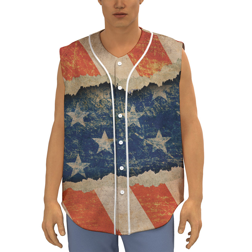 Grunge Ripped Paper American Flag Print Sleeveless Baseball Jersey