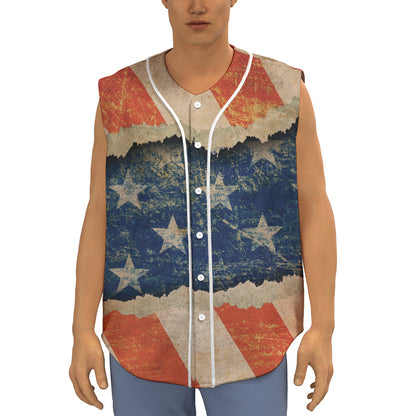Grunge Ripped Paper American Flag Print Sleeveless Baseball Jersey