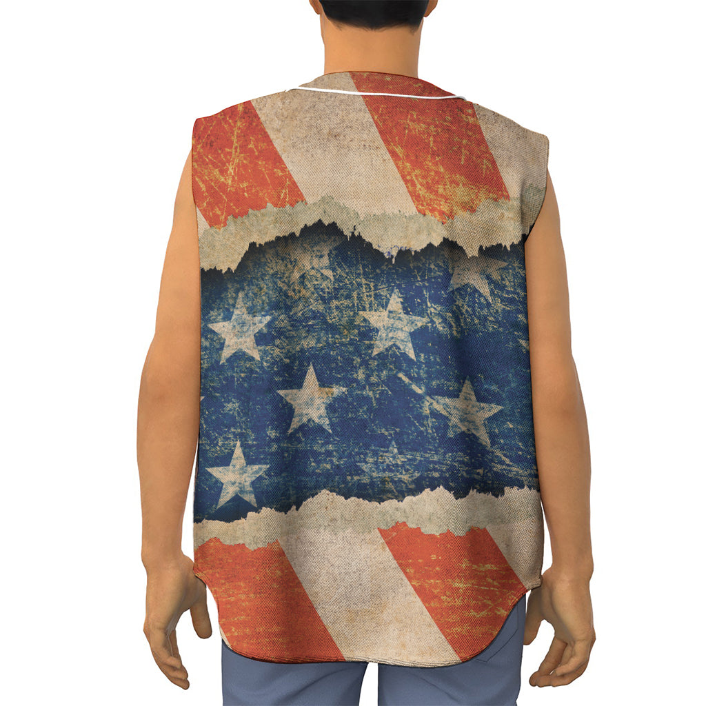 Grunge Ripped Paper American Flag Print Sleeveless Baseball Jersey