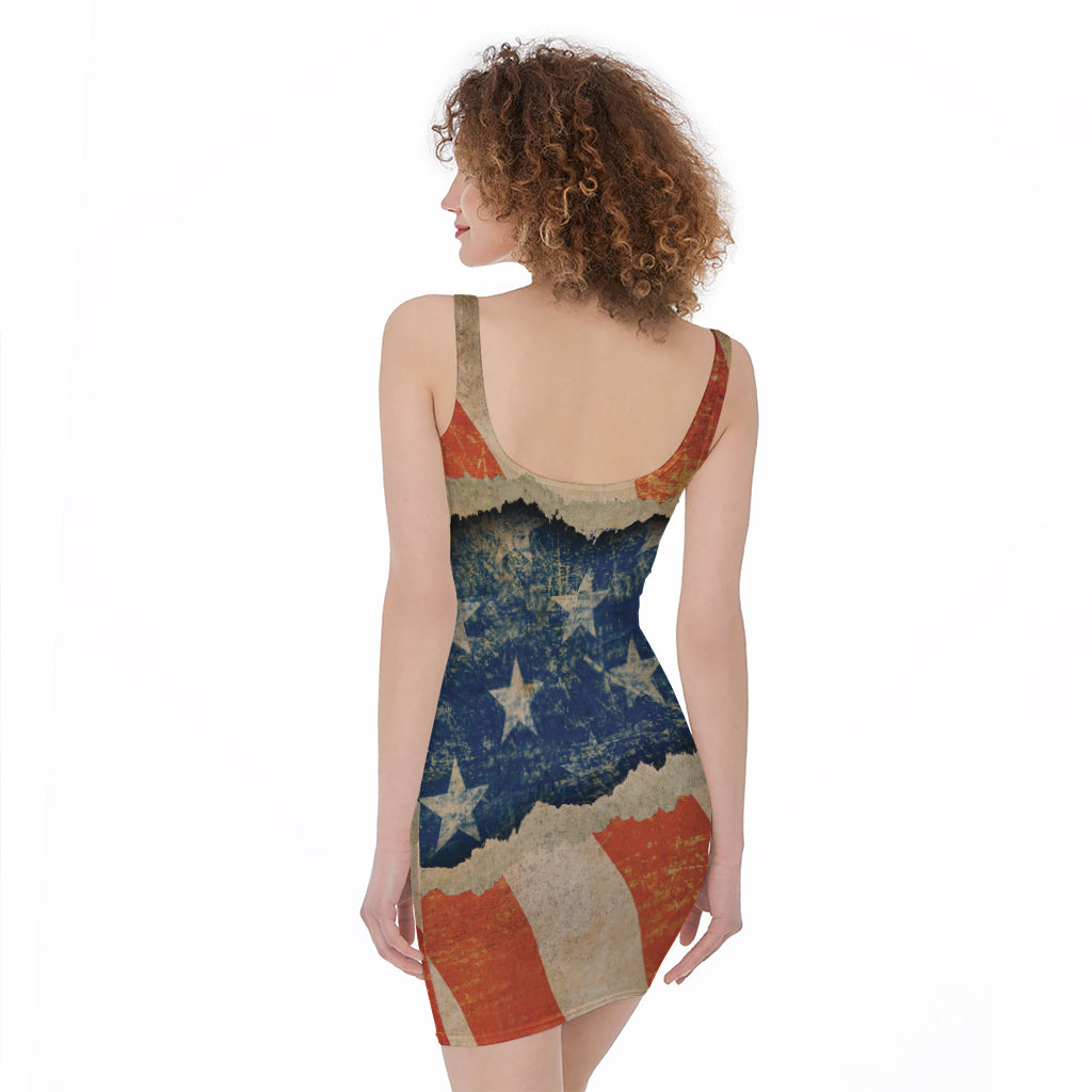 Grunge Ripped Paper American Flag Print Sleeveless Bodycon Dress