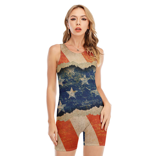Grunge Ripped Paper American Flag Print Sleeveless One Piece Swimsuit