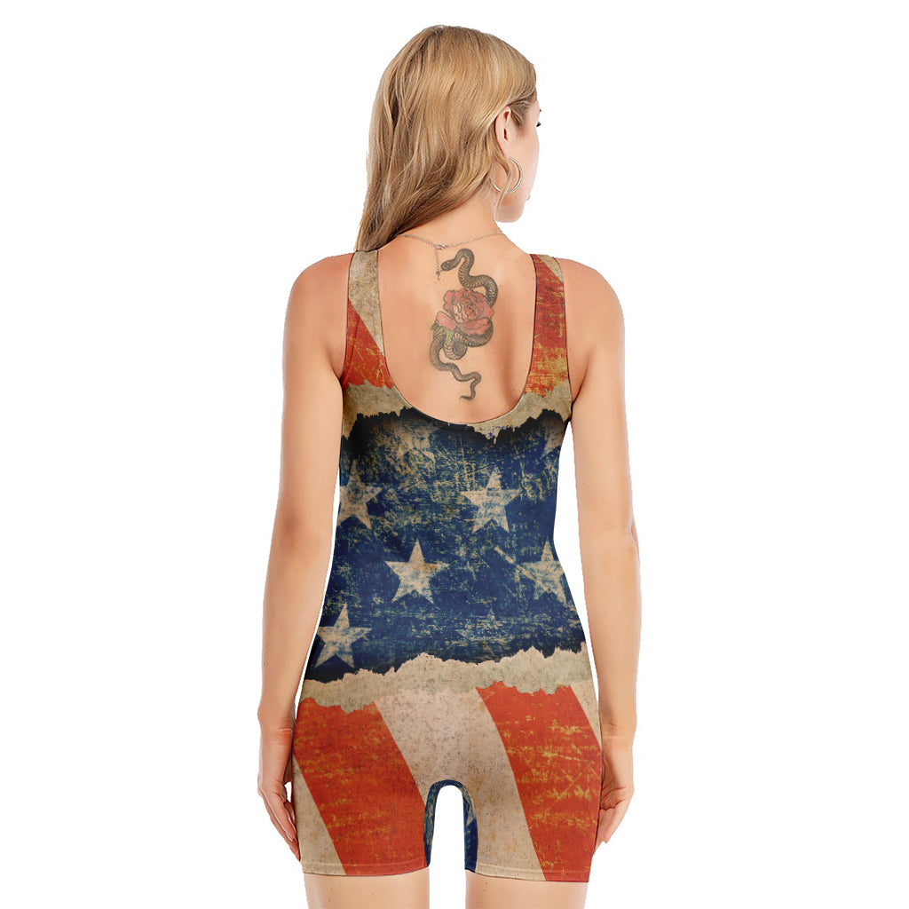 Grunge Ripped Paper American Flag Print Sleeveless One Piece Swimsuit