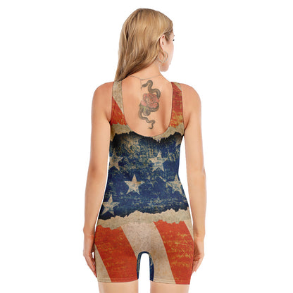 Grunge Ripped Paper American Flag Print Sleeveless One Piece Swimsuit