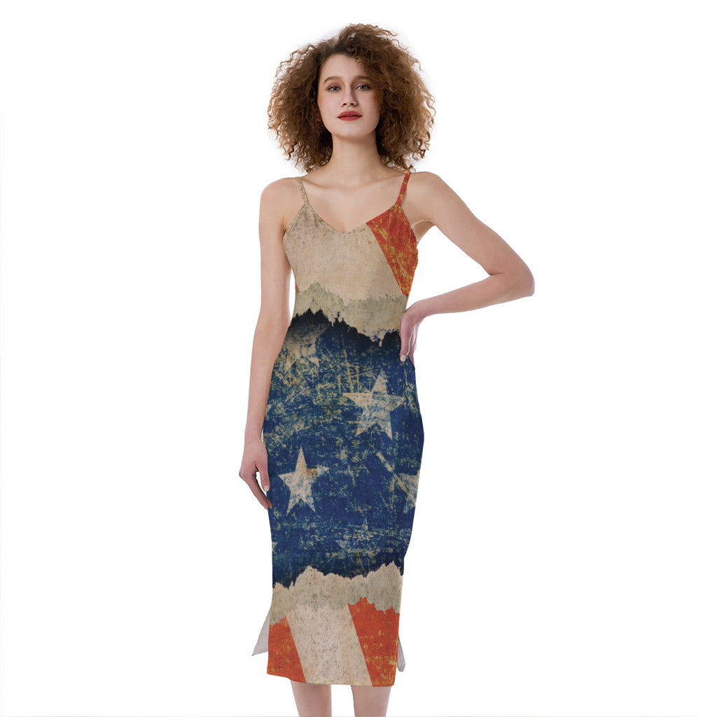 Grunge Ripped Paper American Flag Print Slim Fit Midi Cami Dress