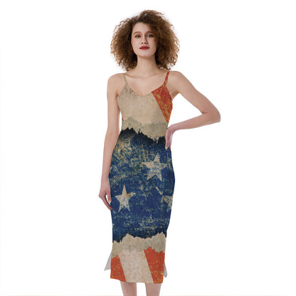 Grunge Ripped Paper American Flag Print Slim Fit Midi Cami Dress
