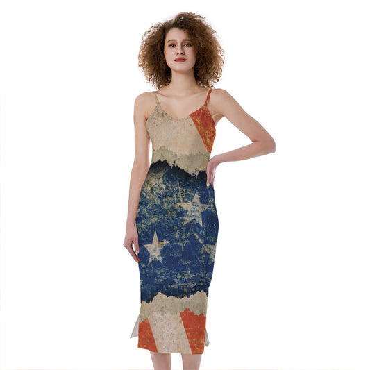 Grunge Ripped Paper American Flag Print Slim Fit Midi Cami Dress