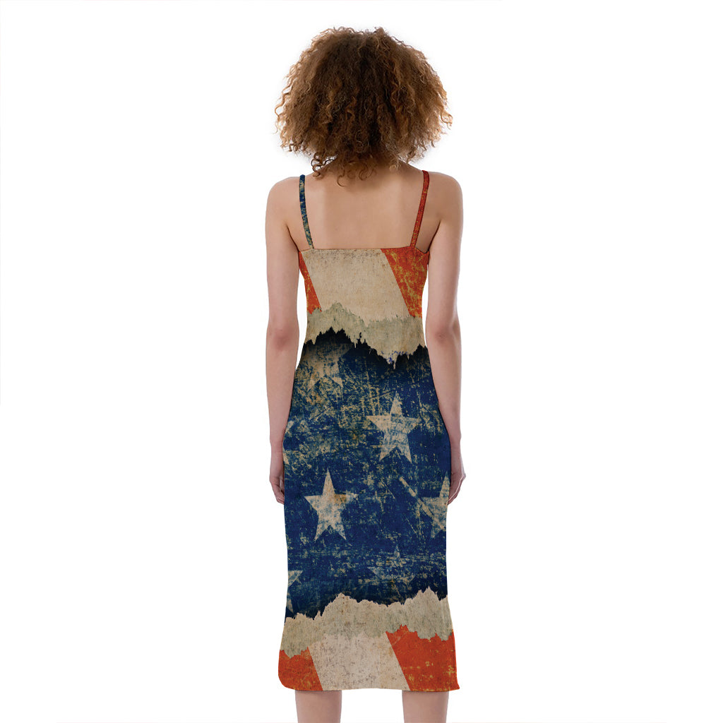 Grunge Ripped Paper American Flag Print Slim Fit Midi Cami Dress
