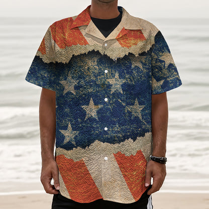 Grunge Ripped Paper American Flag Print Textured Short Sleeve Shirt