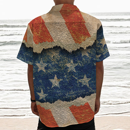 Grunge Ripped Paper American Flag Print Textured Short Sleeve Shirt
