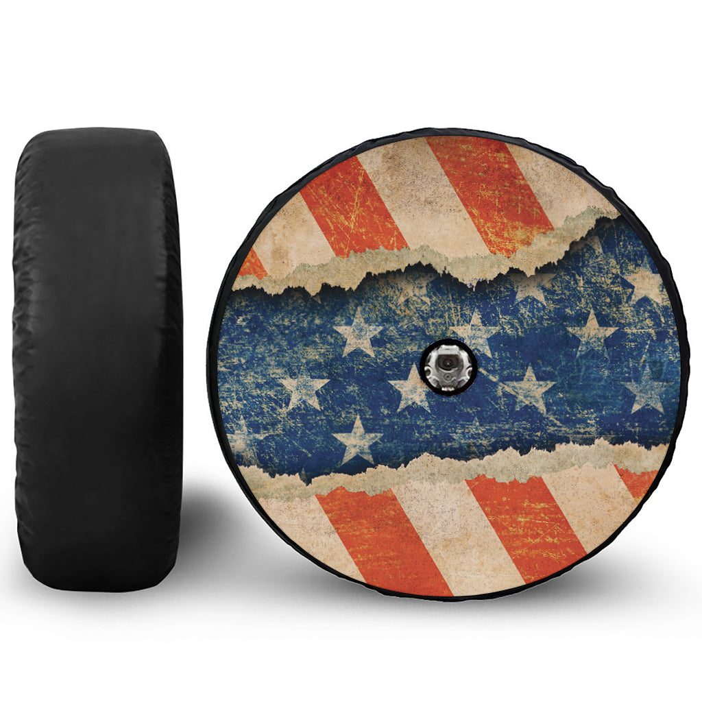 Grunge Ripped Paper American Flag Print Tire Cover With Camera Hole