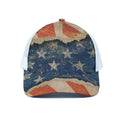 Grunge Ripped Paper American Flag Print White Mesh Trucker Hat