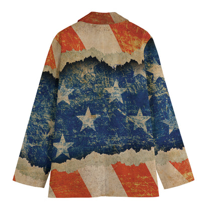 Grunge Ripped Paper American Flag Print Women's Blazer