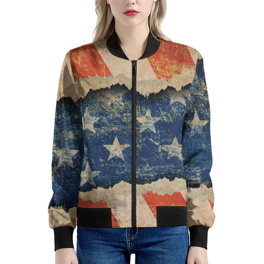 Grunge Ripped Paper American Flag Print Women's Bomber Jacket
