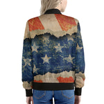 Grunge Ripped Paper American Flag Print Women's Bomber Jacket