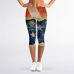 Grunge Ripped Paper American Flag Print Women's Capri Leggings