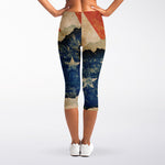Grunge Ripped Paper American Flag Print Women's Capri Leggings
