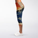 Grunge Ripped Paper American Flag Print Women's Capri Leggings