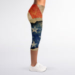 Grunge Ripped Paper American Flag Print Women's Capri Leggings